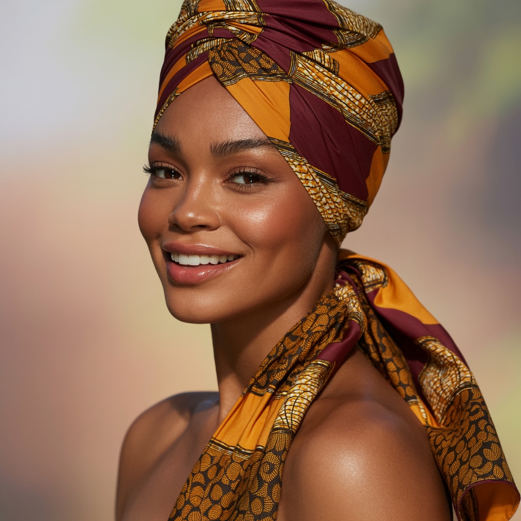 Beautiful Black woman wearing elegant headwrap turban